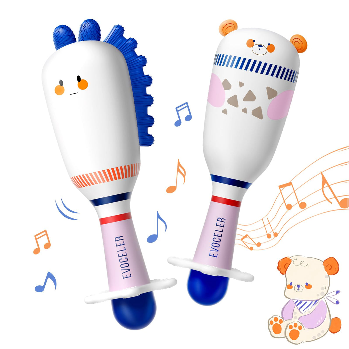 Evoceler Baby Rassel 0-6 Monate, Beißring Baby Sensorik Montessori Spielzeug, Bär Zebra Sensorik Rassel für Babys und Kleinkinder Geschenk (2 Stück)