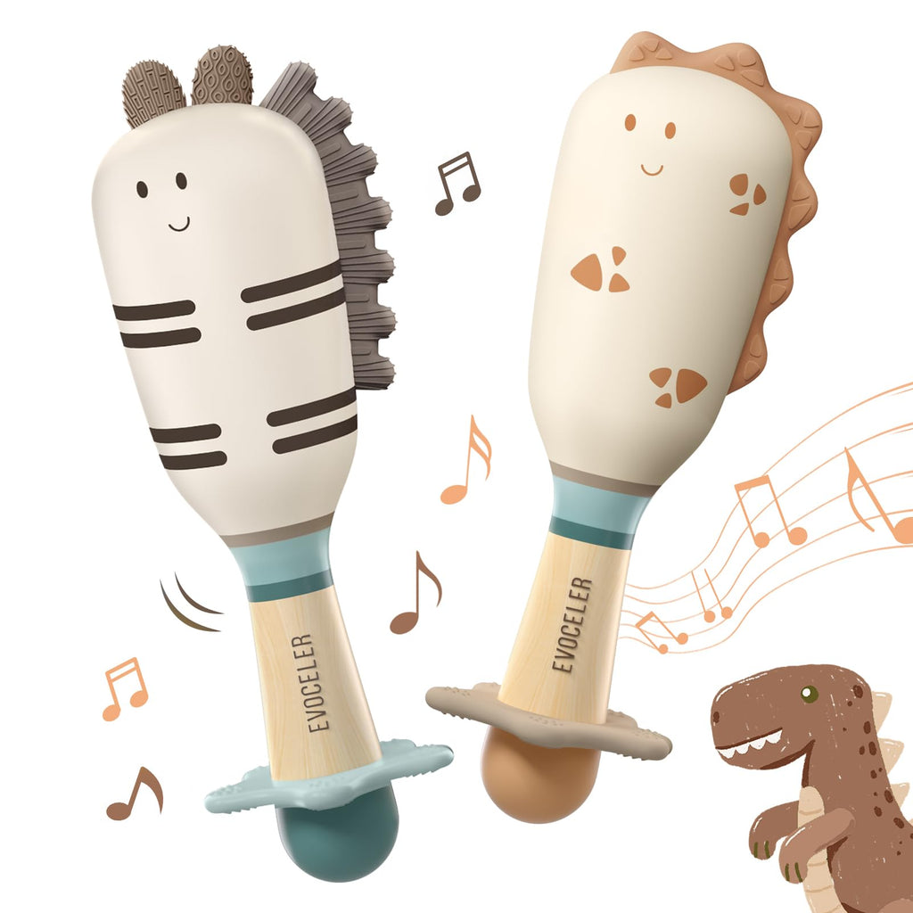 Evoceler Baby Rassel 0-6 Monate, Beißring Baby Sensorik Montessori Spielzeug, Dinosaurier Zebra Sensorik Rassel für Babys und Kleinkinder Geschenk (2 Stück)