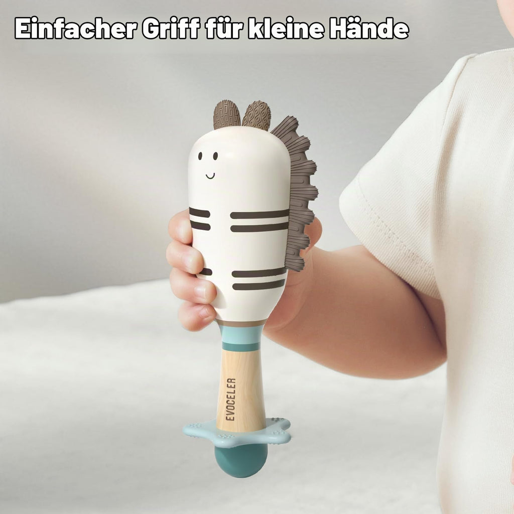 Evoceler Baby Rassel 0-6 Monate, Beißring Baby Sensorik Montessori Spielzeug, Dinosaurier Zebra Sensorik Rassel für Babys und Kleinkinder Geschenk (2 Stück)