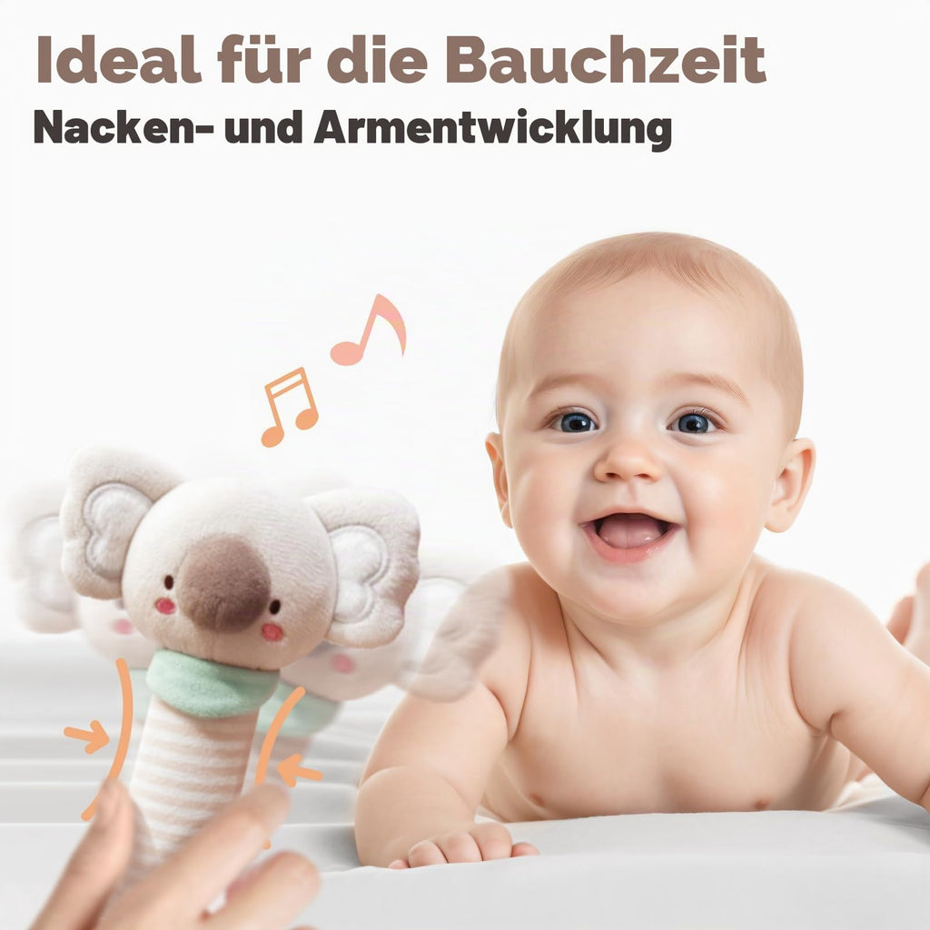Evoceler Baby Rassel & Beißring 0-6 Monate, Baby Holz Rassel Greifling für Babys, Kleinkinder, Mädchen, Jungen, Baby Sensorik Spielzeug für Neugeborenes Baby Geschenk(Koala)