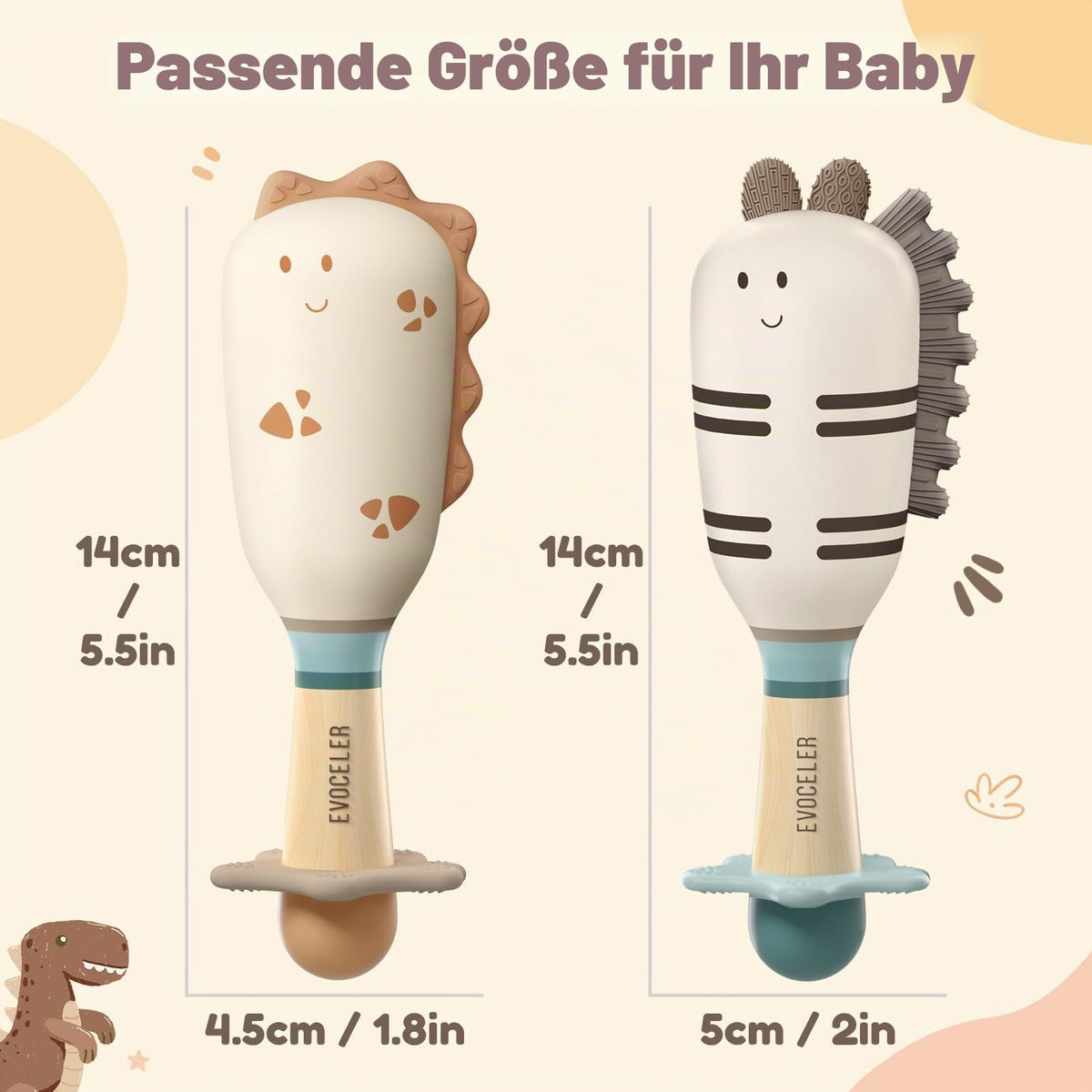 Evoceler Baby Rassel 0-6 Monate, Beißring Baby Sensorik Montessori Spielzeug, Dinosaurier Zebra Sensorik Rassel für Babys und Kleinkinder Geschenk (2 Stück)