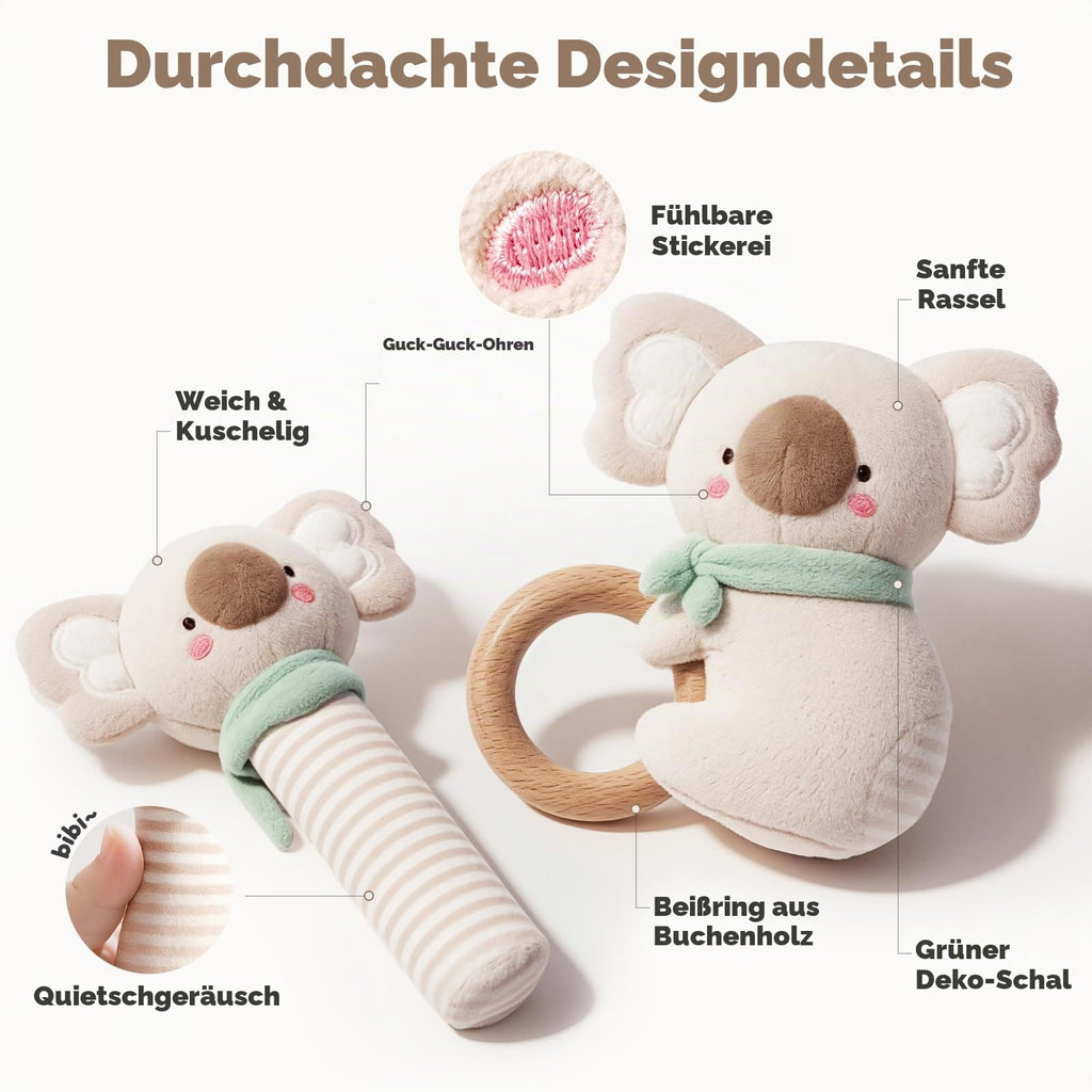 Evoceler Baby Rassel & Beißring 0-6 Monate, Baby Holz Rassel Greifling für Babys, Kleinkinder, Mädchen, Jungen, Baby Sensorik Spielzeug für Neugeborenes Baby Geschenk(Koala)