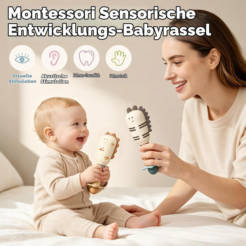 Evoceler Baby Rassel 0-6 Monate, Beißring Baby Sensorik Montessori Spielzeug, Dinosaurier Zebra Sensorik Rassel für Babys und Kleinkinder Geschenk (2 Stück)
