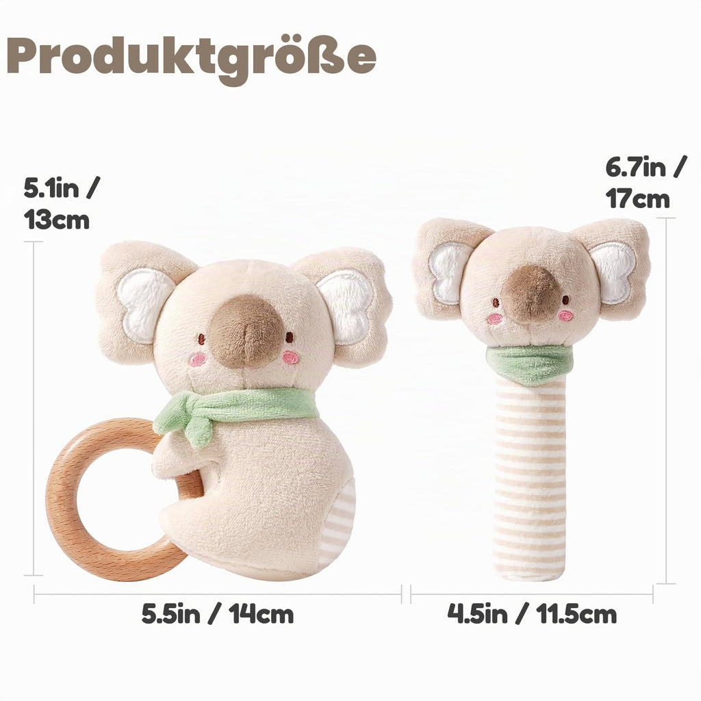 Evoceler Baby Rassel & Beißring 0-6 Monate, Baby Holz Rassel Greifling für Babys, Kleinkinder, Mädchen, Jungen, Baby Sensorik Spielzeug für Neugeborenes Baby Geschenk(Koala)