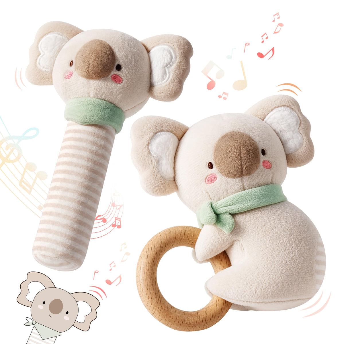 Evoceler Baby Rassel & Beißring 0-6 Monate, Baby Holz Rassel Greifling für Babys, Kleinkinder, Mädchen, Jungen, Baby Sensorik Spielzeug für Neugeborenes Baby Geschenk(Koala)