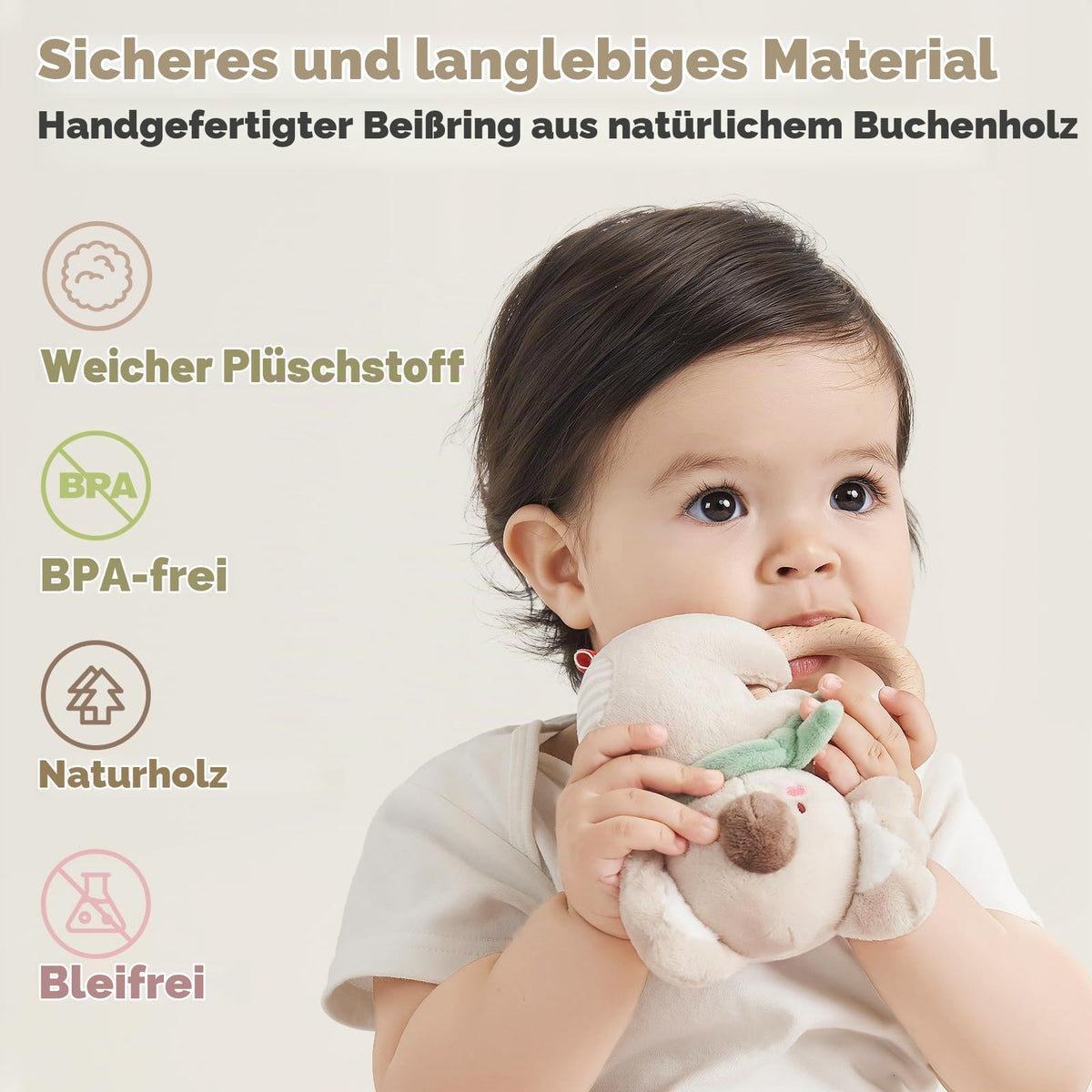 Evoceler Baby Rassel & Beißring 0-6 Monate, Baby Holz Rassel Greifling für Babys, Kleinkinder, Mädchen, Jungen, Baby Sensorik Spielzeug für Neugeborenes Baby Geschenk(Koala)