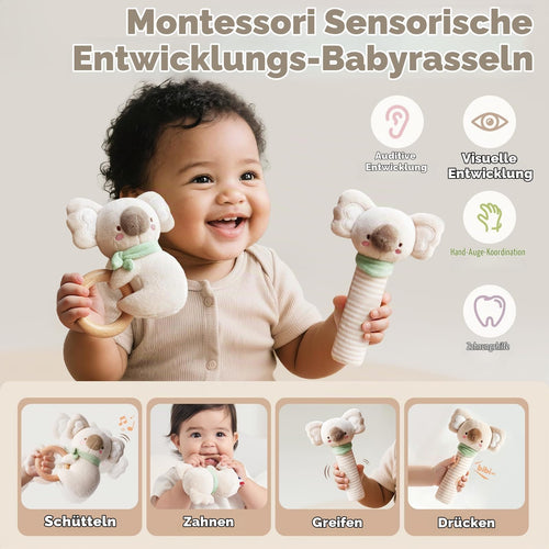 Evoceler Baby Rassel & Beißring 0-6 Monate, Baby Holz Rassel Greifling für Babys, Kleinkinder, Mädchen, Jungen, Baby Sensorik Spielzeug für Neugeborenes Baby Geschenk(Koala)
