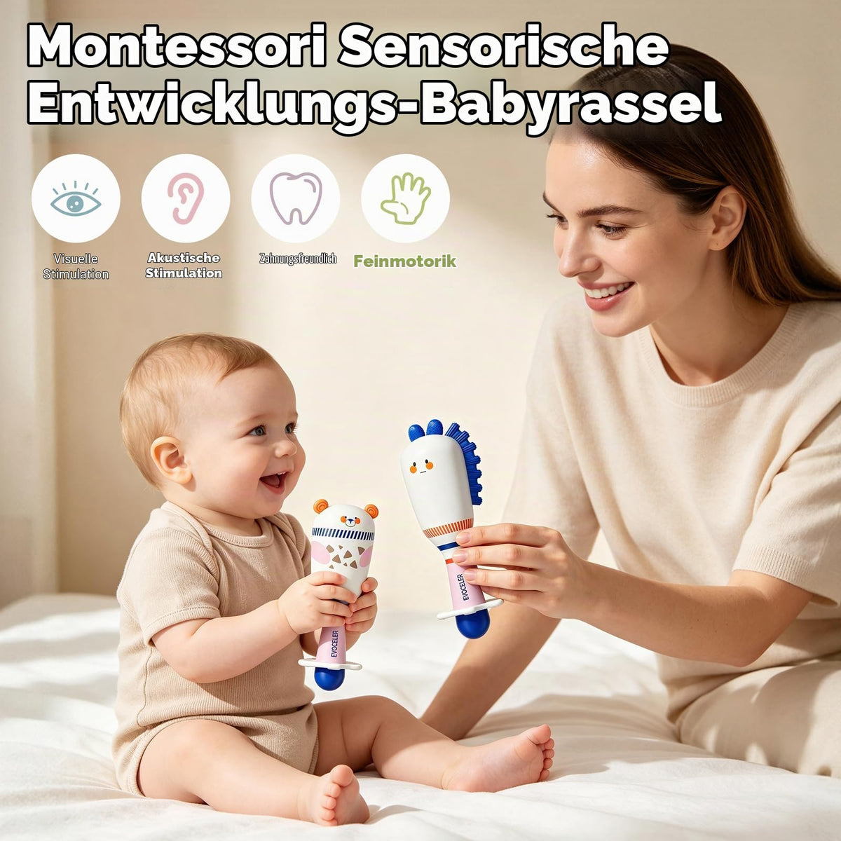 Evoceler Baby Rassel 0-6 Monate, Beißring Baby Sensorik Montessori Spielzeug, Bär Zebra Sensorik Rassel für Babys und Kleinkinder Geschenk (2 Stück)