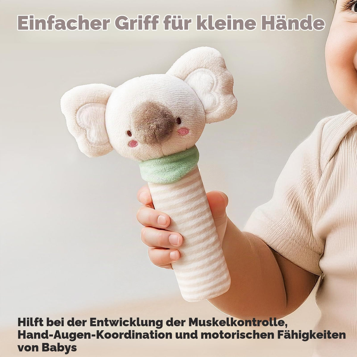 Evoceler Baby Rassel & Beißring 0-6 Monate, Baby Holz Rassel Greifling für Babys, Kleinkinder, Mädchen, Jungen, Baby Sensorik Spielzeug für Neugeborenes Baby Geschenk(Koala)