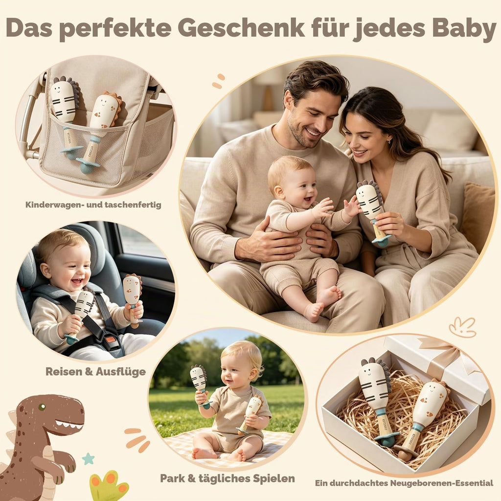 Evoceler Baby Rassel 0-6 Monate, Beißring Baby Sensorik Montessori Spielzeug, Dinosaurier Zebra Sensorik Rassel für Babys und Kleinkinder Geschenk (2 Stück)