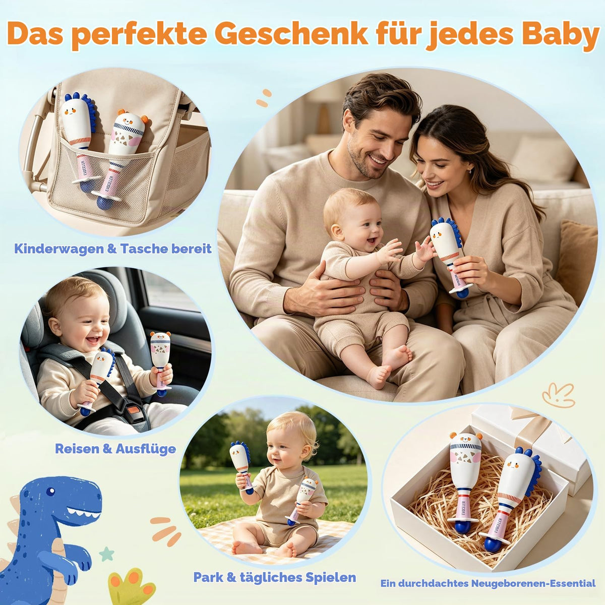 Evoceler Baby Rassel 0-6 Monate, Beißring Baby Sensorik Montessori Spielzeug, Bär Zebra Sensorik Rassel für Babys und Kleinkinder Geschenk (2 Stück)