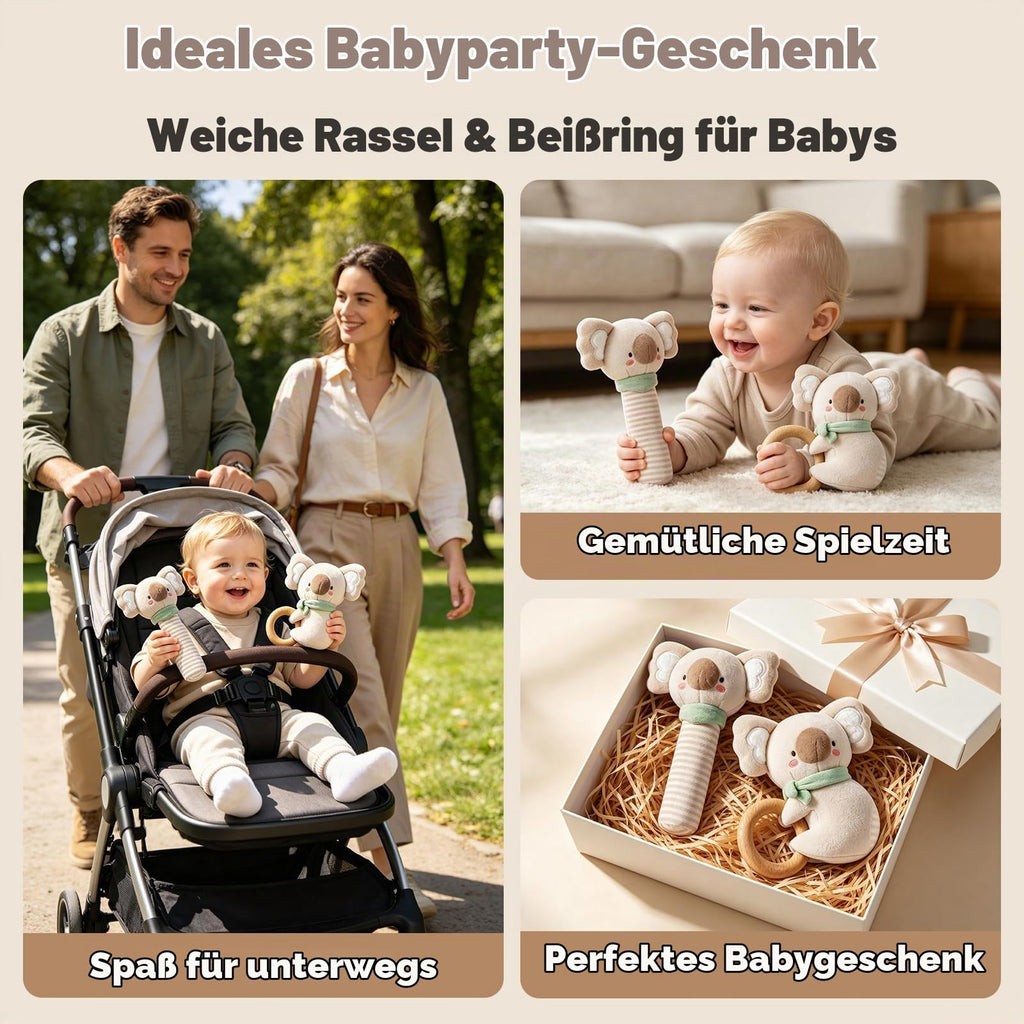 Evoceler Baby Rassel & Beißring 0-6 Monate, Baby Holz Rassel Greifling für Babys, Kleinkinder, Mädchen, Jungen, Baby Sensorik Spielzeug für Neugeborenes Baby Geschenk(Koala)