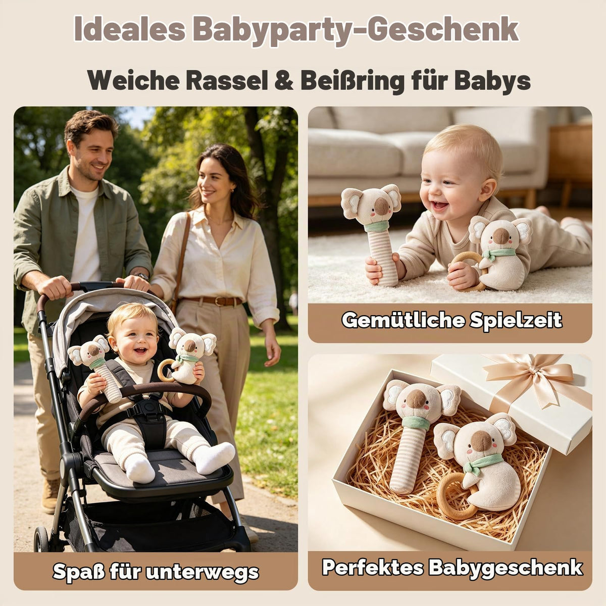 Evoceler Baby Rassel & Beißring 0-6 Monate, Baby Holz Rassel Greifling für Babys, Kleinkinder, Mädchen, Jungen, Baby Sensorik Spielzeug für Neugeborenes Baby Geschenk(Koala)
